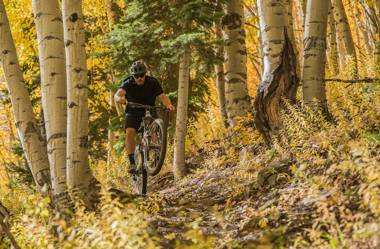 mountain biker on trail with fall leaves