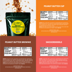Product packaging with granola, nutrition facts for peanut butter cup, peanut butter brownie, and snickerdoodle flavors.