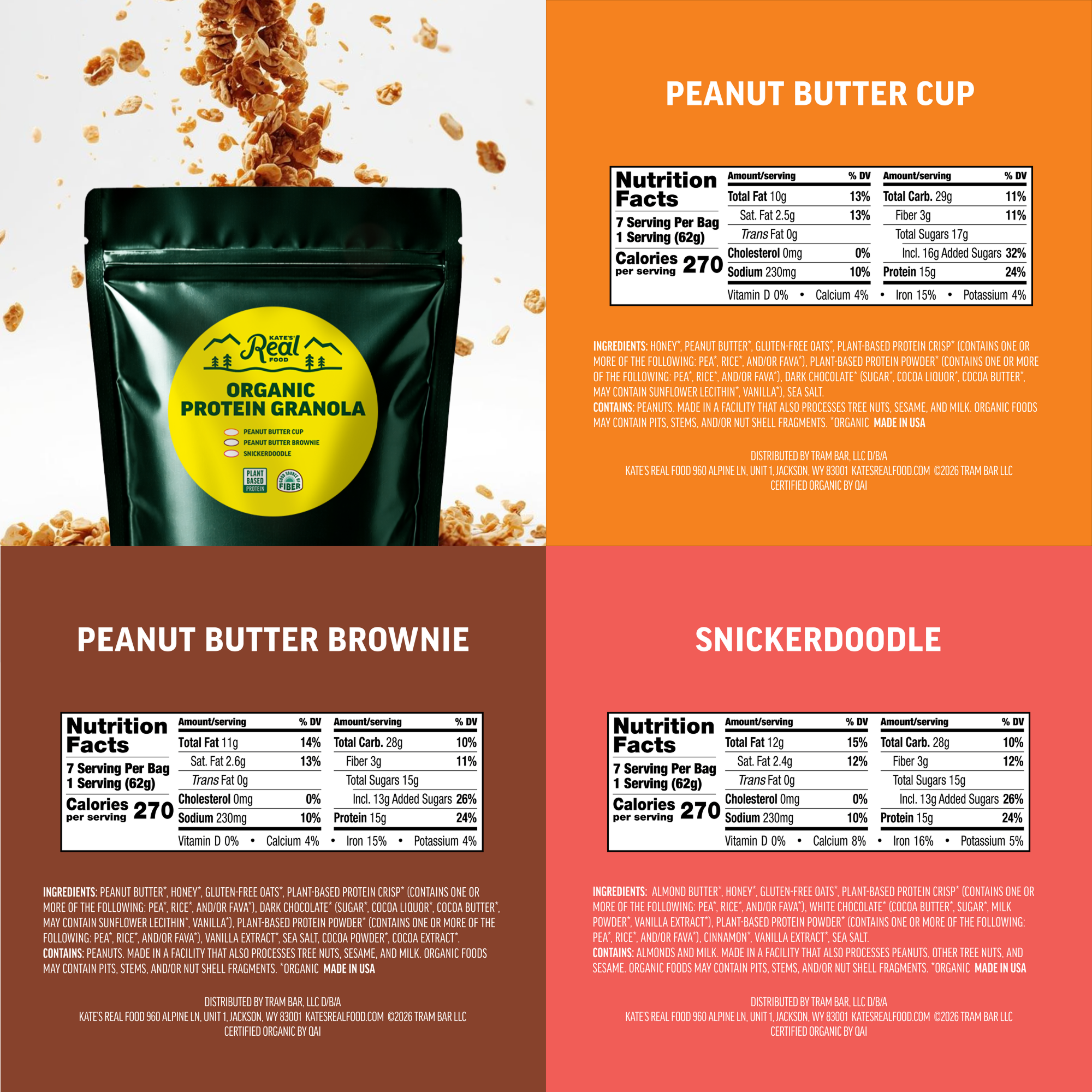 Product packaging with granola, nutrition facts for peanut butter cup, peanut butter brownie, and snickerdoodle flavors.