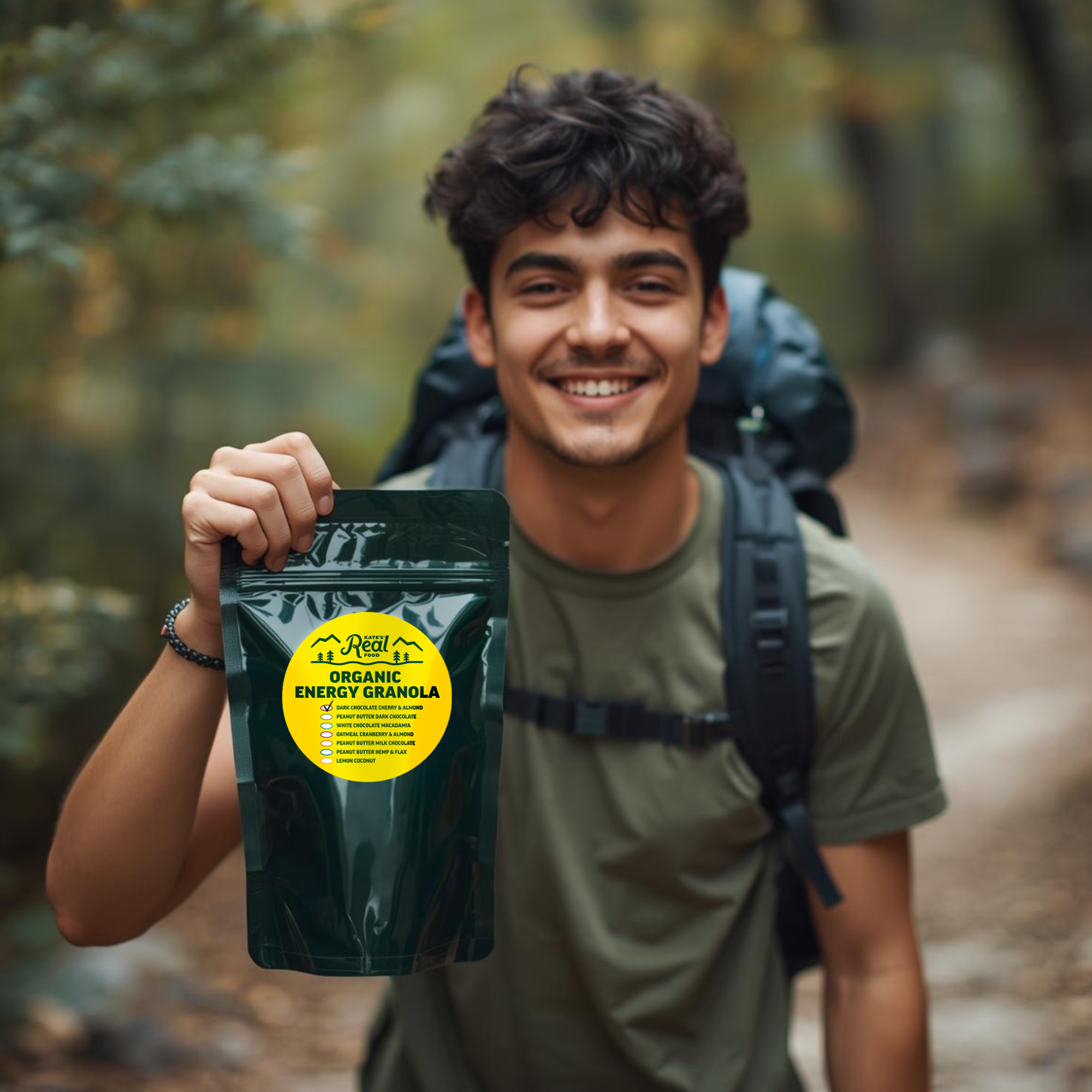 Man in a forest holding a package of Organic Energy Granola