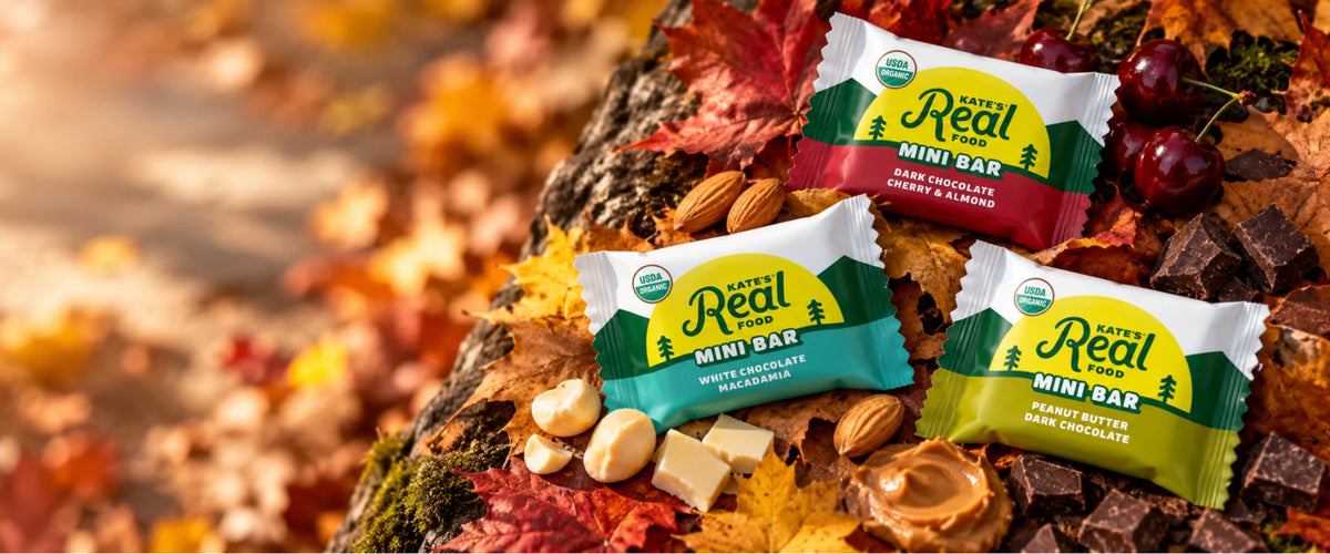 Kate's Real Food Mini Bars on autumn leaves