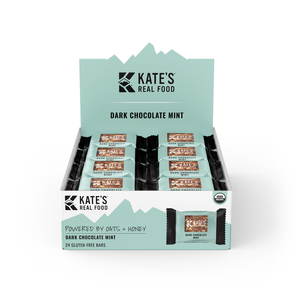  Organic, gluten-free, and non-GMO Dark Chocolate Mint Mini Snack Bars from Kate's Real Food, ideal for a nutritious and tasty snack break